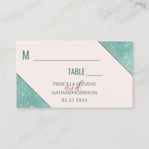 Pink and Teal Blue Faux Glitter Sequin Wedding Place Card