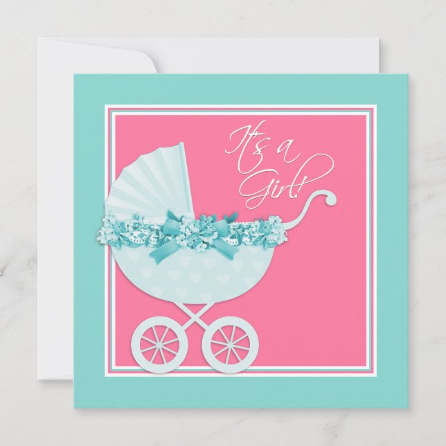 Pink and Teal Blue Pram Baby Shower Invitation (Front)