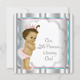 Pink and Teal Blue Princess 1st Birthday Party Invitation