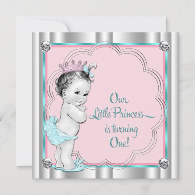 Pink and Teal Blue Princess 1st Birthday Party Invitation (Front)