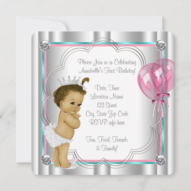 Pink and Teal Blue Princess 1st Birthday Party Invitation (Back)