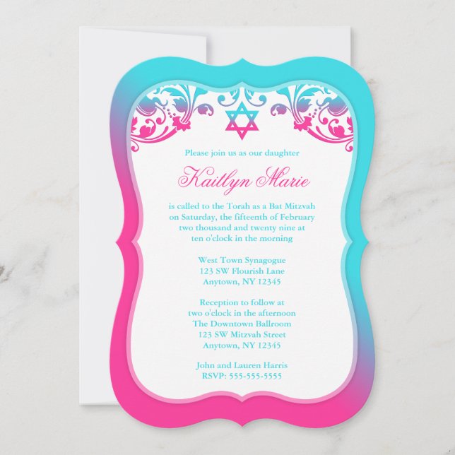 Pink and Teal Blue Swirls Bat Mitzvah Invitation (Front)