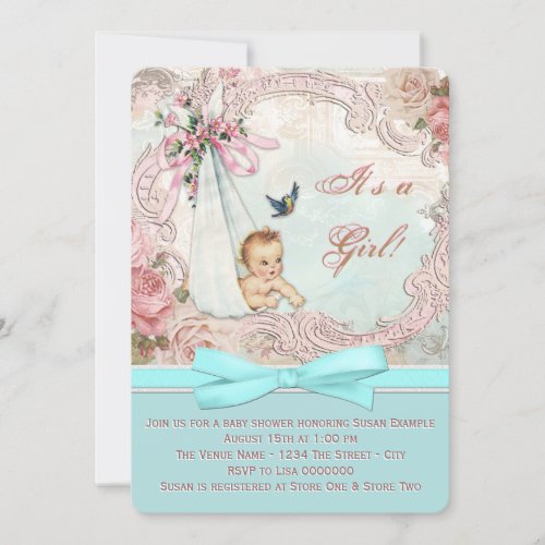 Vintage Pink and Teal Blue Baby Shower Personalized Invitations