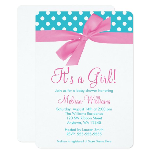 Pink And Teal Bow Polka Dot Baby Shower Invitation