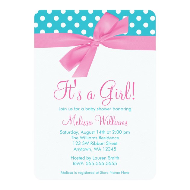 Pink And Teal Bow Polka Dot Baby Shower Invitation