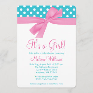 Pink and Teal Bow Polka Dot Baby Shower Invitation