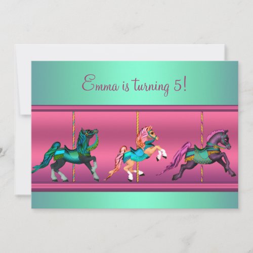 Pink and Teal Carousel Pony Birthday Party Custom Announcements