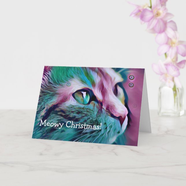 Pink and Teal Cat Art Meowy Christmas Card (Orchid)