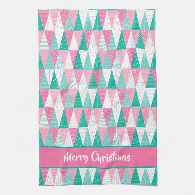 Pink and Teal Christmas Trees Kitchen Towel (Vertical)