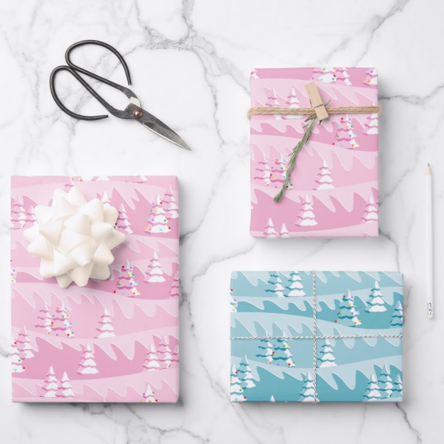 Pink and Teal Christmas Trees Wrapping Paper Sheets (Front)