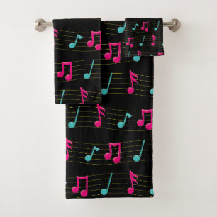 Pink and Teal Colorful Music Notes Print Bath Towel Set