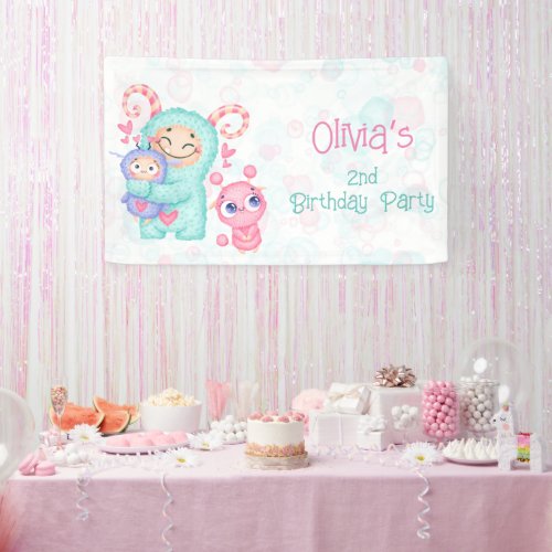 Pink and Teal Cute Monsters Girl Birthday Party Banner