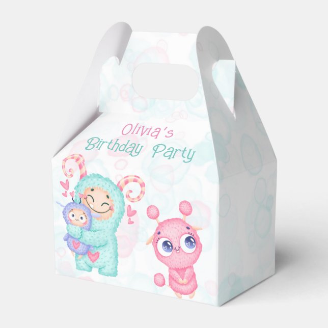 Pink and Teal Cute Monsters Girl Birthday Party Favor Boxes (Front Side)