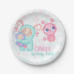 Pink and Teal Cute Monsters Girl Birthday Party Paper Plates