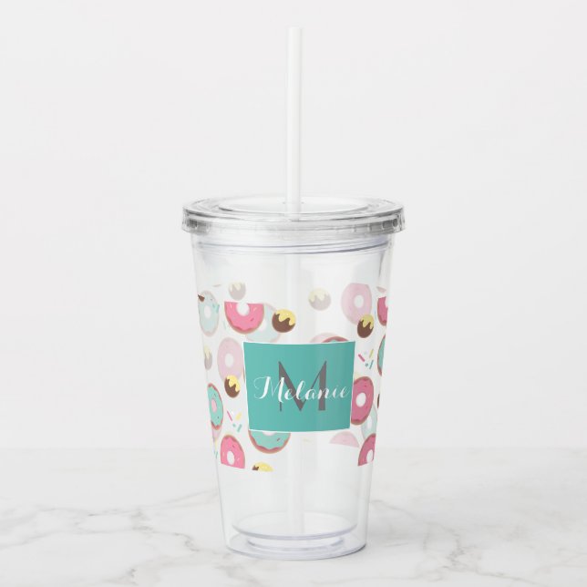 Pink and Teal Donut Mix Monogram Custom Acrylic Tumbler (Front)