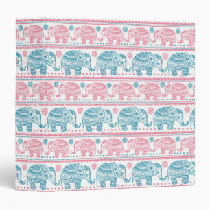 Pink And Teal Ethnic Elephant Pattern 3 Ring Binder