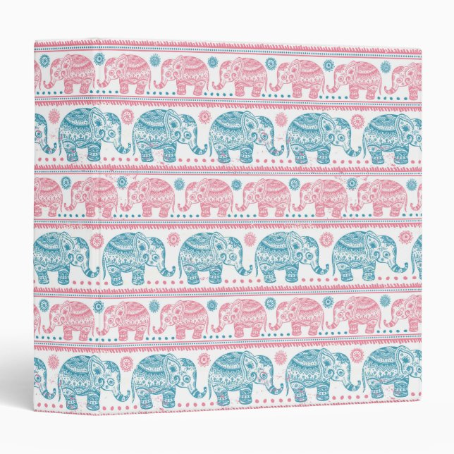 Pink And Teal Ethnic Elephant Pattern 3 Ring Binder (Front/Spine)