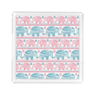Pink And Teal Ethnic Elephant Pattern Acrylic Tray