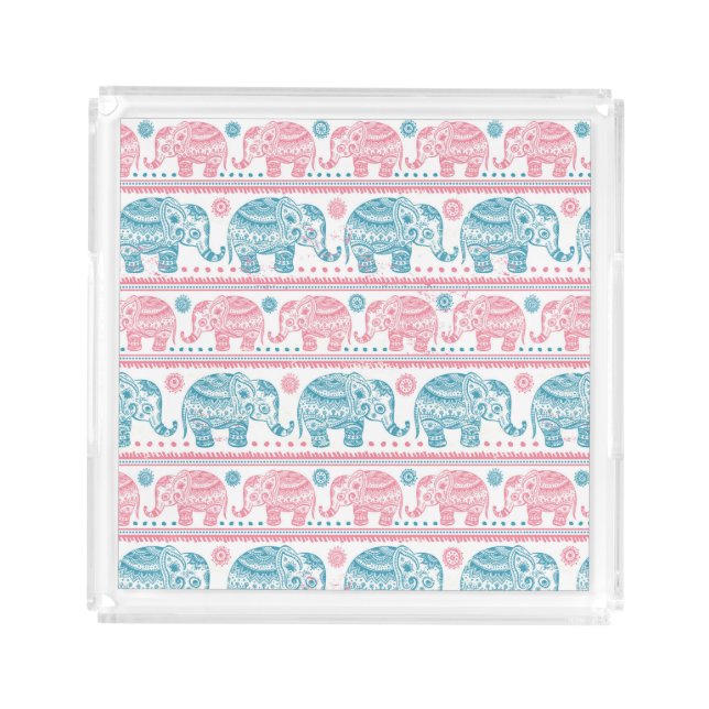 Pink And Teal Ethnic Elephant Pattern Acrylic Tray (Front)