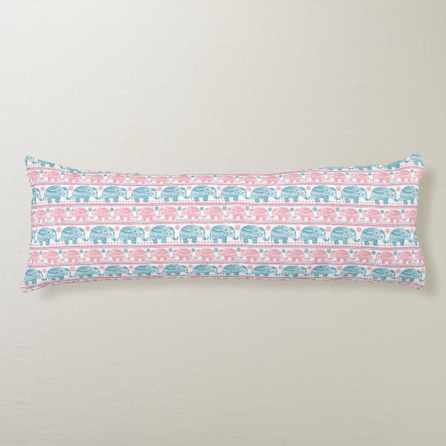 Pink And Teal Ethnic Elephant Pattern Body Pillow (Front)