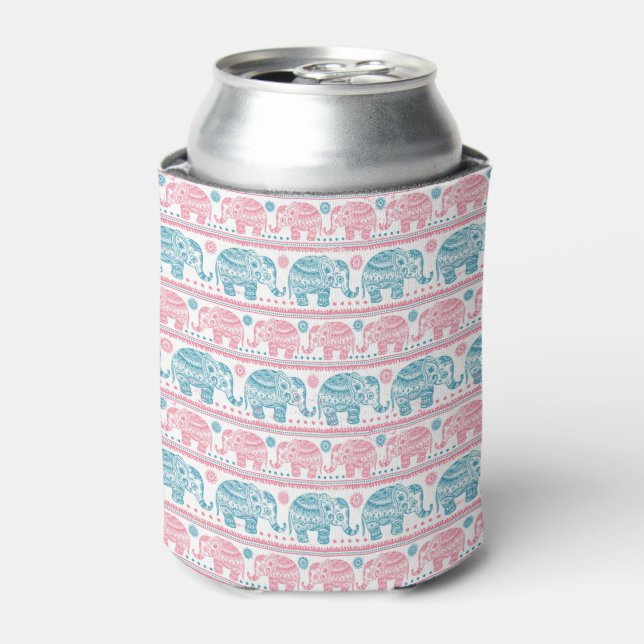 Pink And Teal Ethnic Elephant Pattern Can Cooler (Can Front)