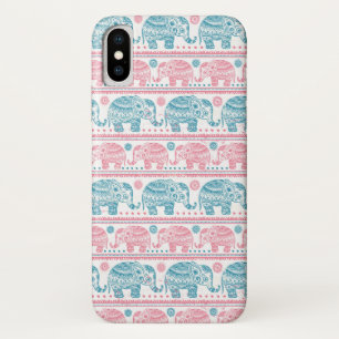 Pink And Teal Ethnic Elephant Pattern iPhone X Case