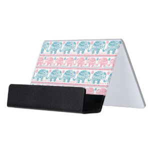 Pink And Teal Ethnic Elephant Pattern Desk Business Card Holder