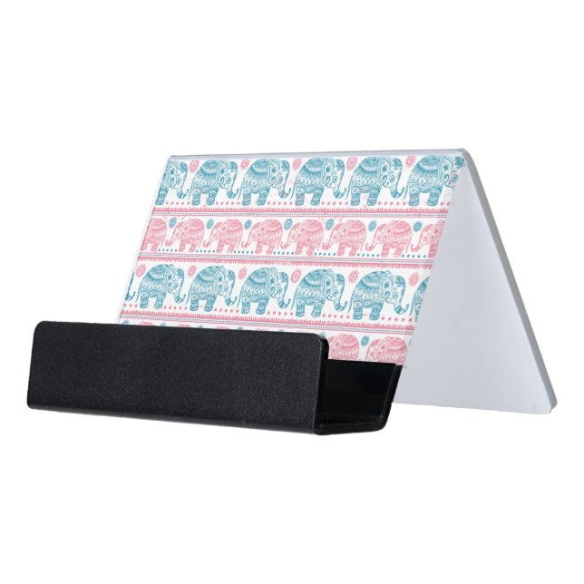 Pink And Teal Ethnic Elephant Pattern Desk Business Card Holder (Angled Front)