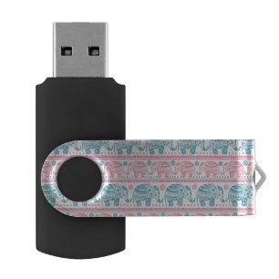 Pink And Teal Ethnic Elephant Pattern Flash Drive