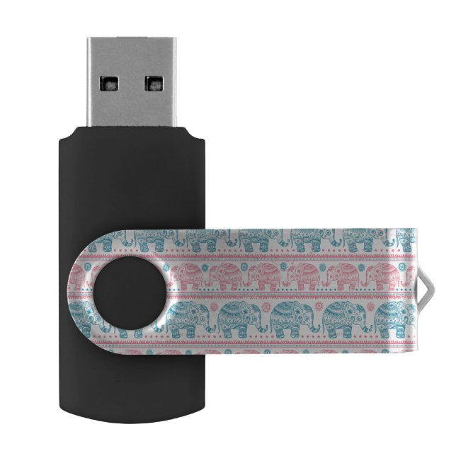 Pink And Teal Ethnic Elephant Pattern Flash Drive (Opened)