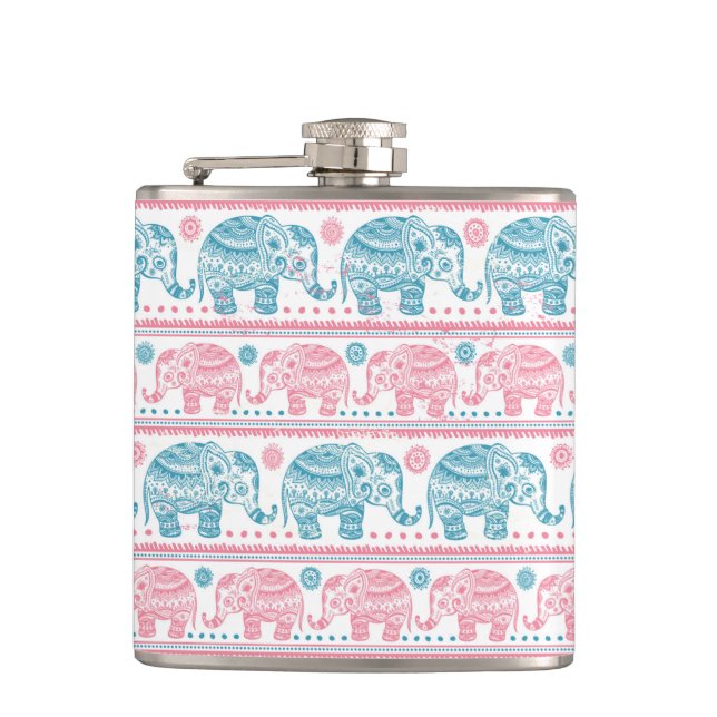 Pink And Teal Ethnic Elephant Pattern Flask (Front)