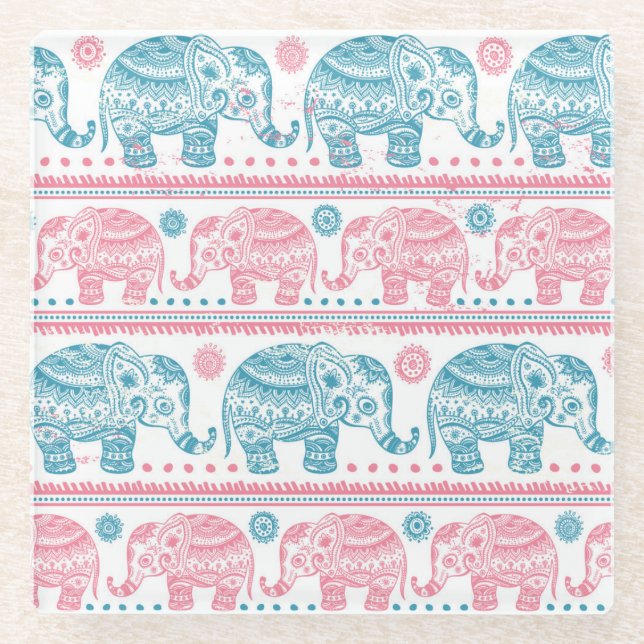 Pink And Teal Ethnic Elephant Pattern Glass Coaster (Front)