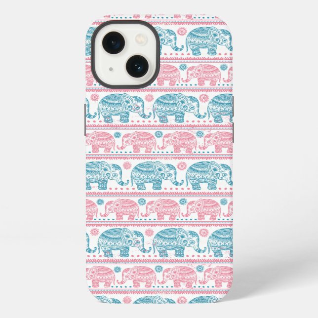 Pink And Teal Ethnic Elephant Pattern Iphone Case (Back)