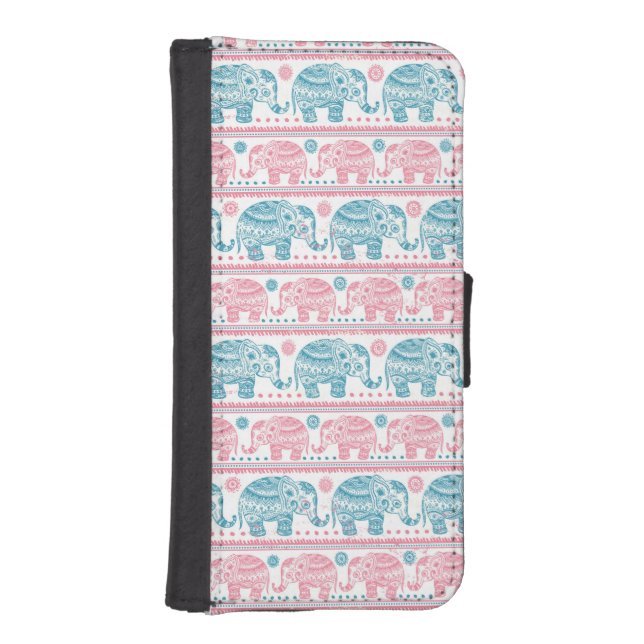Pink And Teal Ethnic Elephant Pattern iPhone Wallet Case (Front)