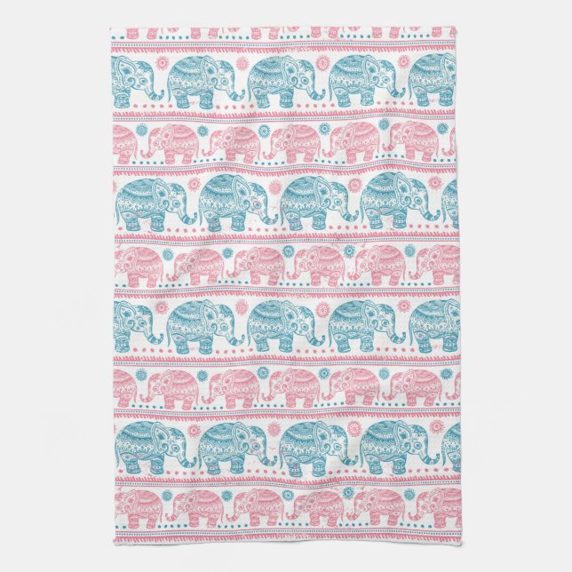 Pink And Teal Ethnic Elephant Pattern Kitchen Towel (Vertical)