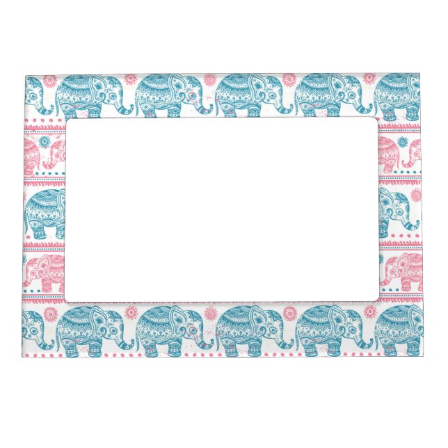 Pink And Teal Ethnic Elephant Pattern Magnetic Picture Frame (Front)