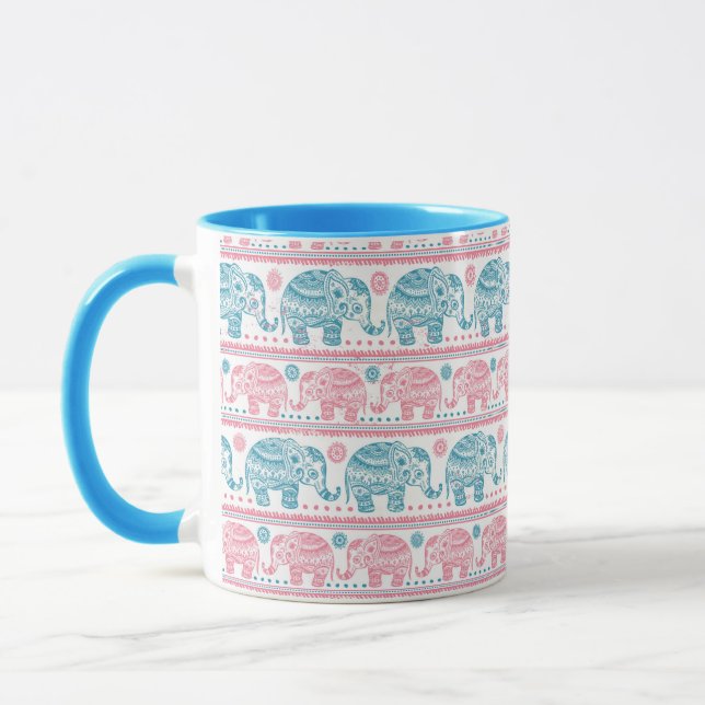 Pink And Teal Ethnic Elephant Pattern Mug (Left)
