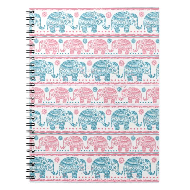 Pink And Teal Ethnic Elephant Pattern Notebook (Front)