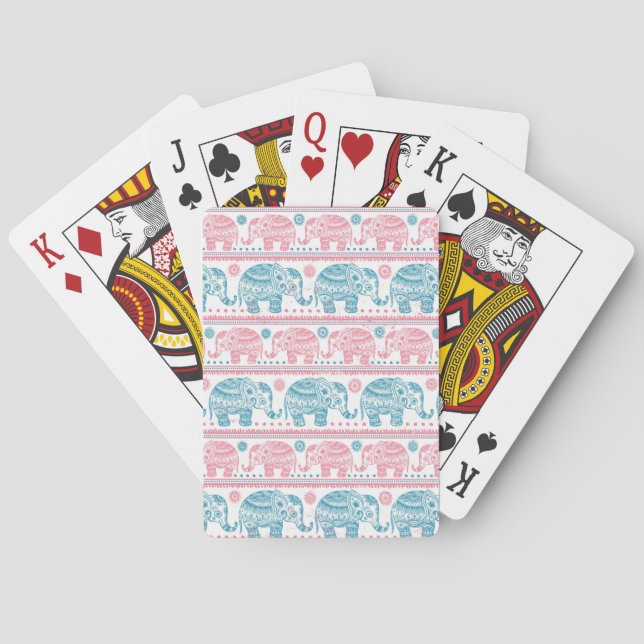 Pink And Teal Ethnic Elephant Pattern Poker Cards (Back)