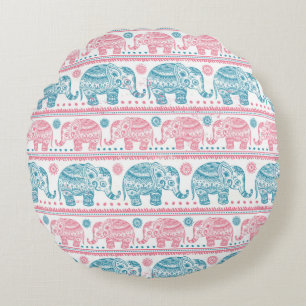 Pink And Teal Ethnic Elephant Pattern Round Pillow