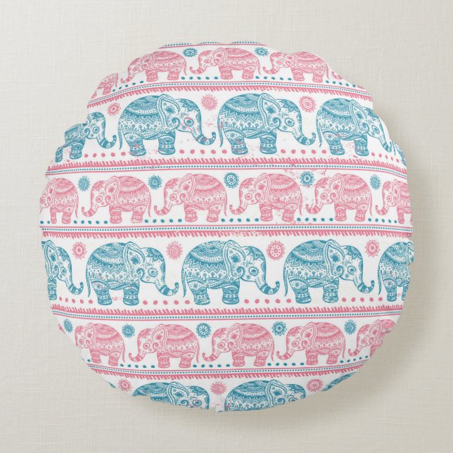 Pink And Teal Ethnic Elephant Pattern Round Pillow (Front)