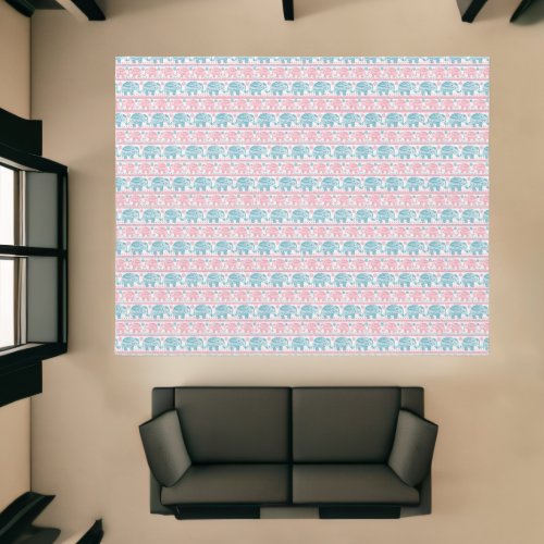 Pink And Teal Ethnic Elephant Pattern Rug