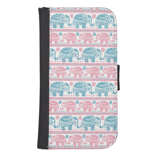Pink And Teal Ethnic Elephant Pattern Samsung Galaxy Wallet Case (Front)