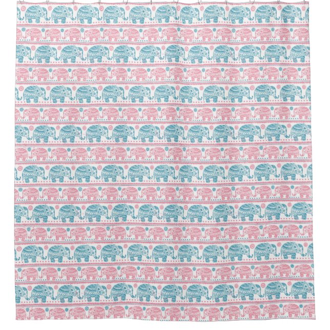 Pink And Teal Ethnic Elephant Pattern Shower Curtain (Front)