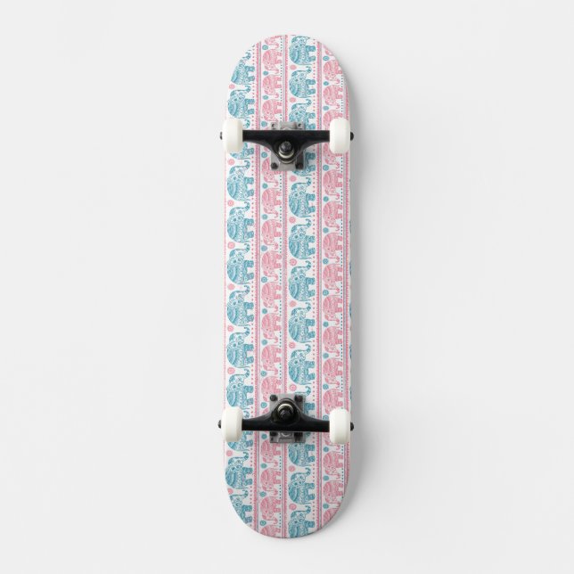 Pink And Teal Ethnic Elephant Pattern Skateboard Deck (Front)