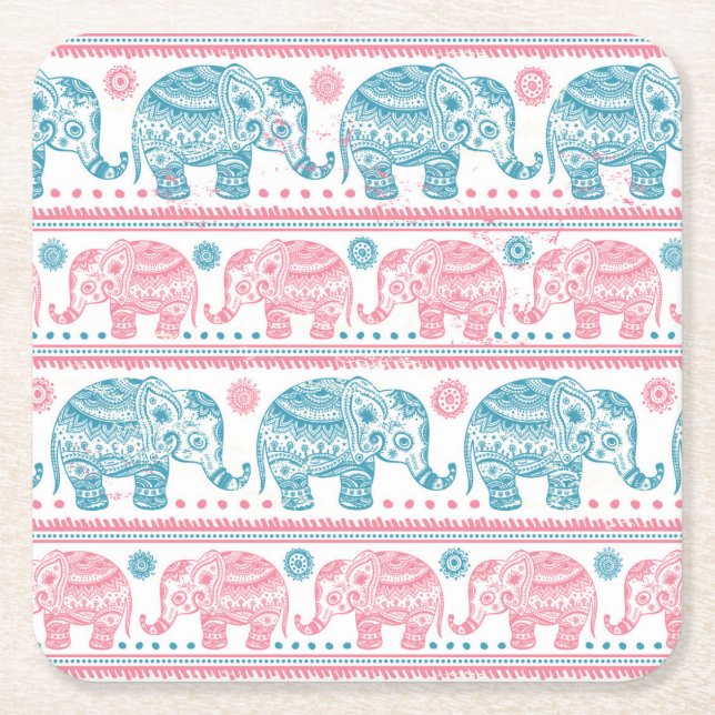 Pink And Teal Ethnic Elephant Pattern Square Paper Coaster (Front)