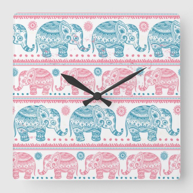 Pink And Teal Ethnic Elephant Pattern Square Wall Clock (Front)