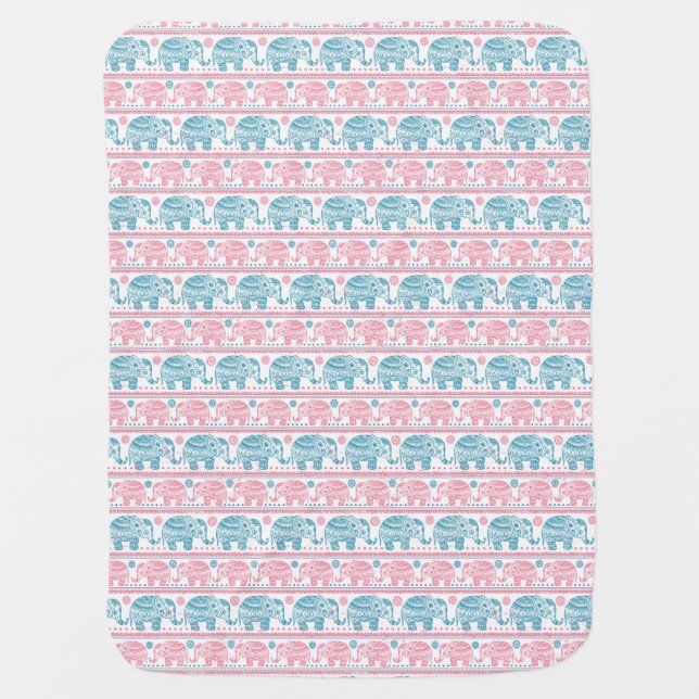Pink And Teal Ethnic Elephant Pattern Stroller Blanket (Front)
