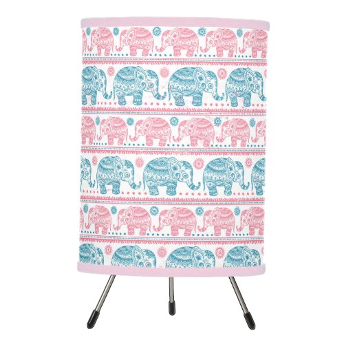 Pink And Teal Ethnic Elephant Pattern Tripod Lamp