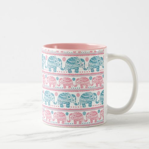 Pink And Teal Ethnic Elephant Pattern Two_Tone Coffee Mug